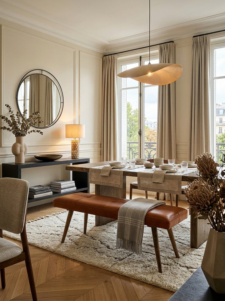 Cognacbraune Sitzbank aus Echtleder im eleganten Flur. Die 117cm breite Polsterbank mit Mangoholz-Beinen steht auf einem hellen Teppich in einem luxuriösen modern-classic Entrée._