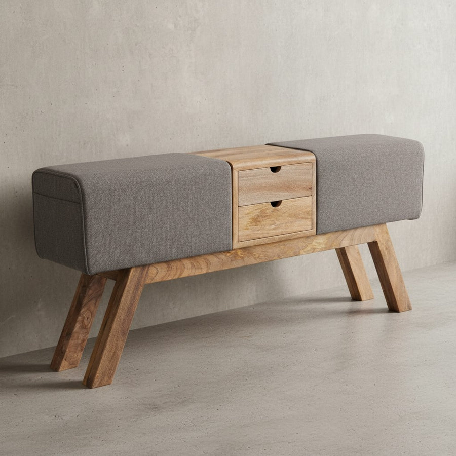 Retro-Sitzbank mit Schubladen_ Massivholz_ Stoffbezug_ 120x56x30 cm_ 2 Schubladen_ Seitentasche - KADIMA DESIGN_Farbe_ Beige_ Material_ Stoff_ Größe_ 120x30x56 cm_