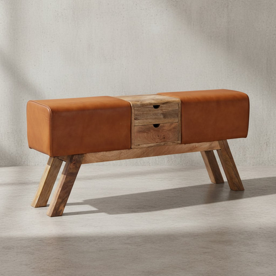 Retro-Sitzbank mit Schubladen_ Massivholz_ Stoffbezug_ 120x56x30 cm_ 2 Schubladen_ Seitentasche - KADIMA DESIGN_Farbe_ Beige_ Material_ Leder_ Größe_ 120x30x56 cm_