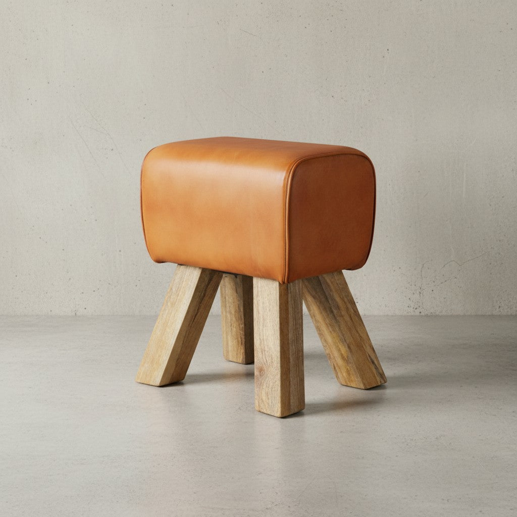 Retro Turnhocker aus Echtleder und Holz_ stabil und luxuriös_ handgefertigt - KADIMA DESIGN_Farbe_ Braun_ Material_ Leder_ Größe_ 40x30x47 cm_