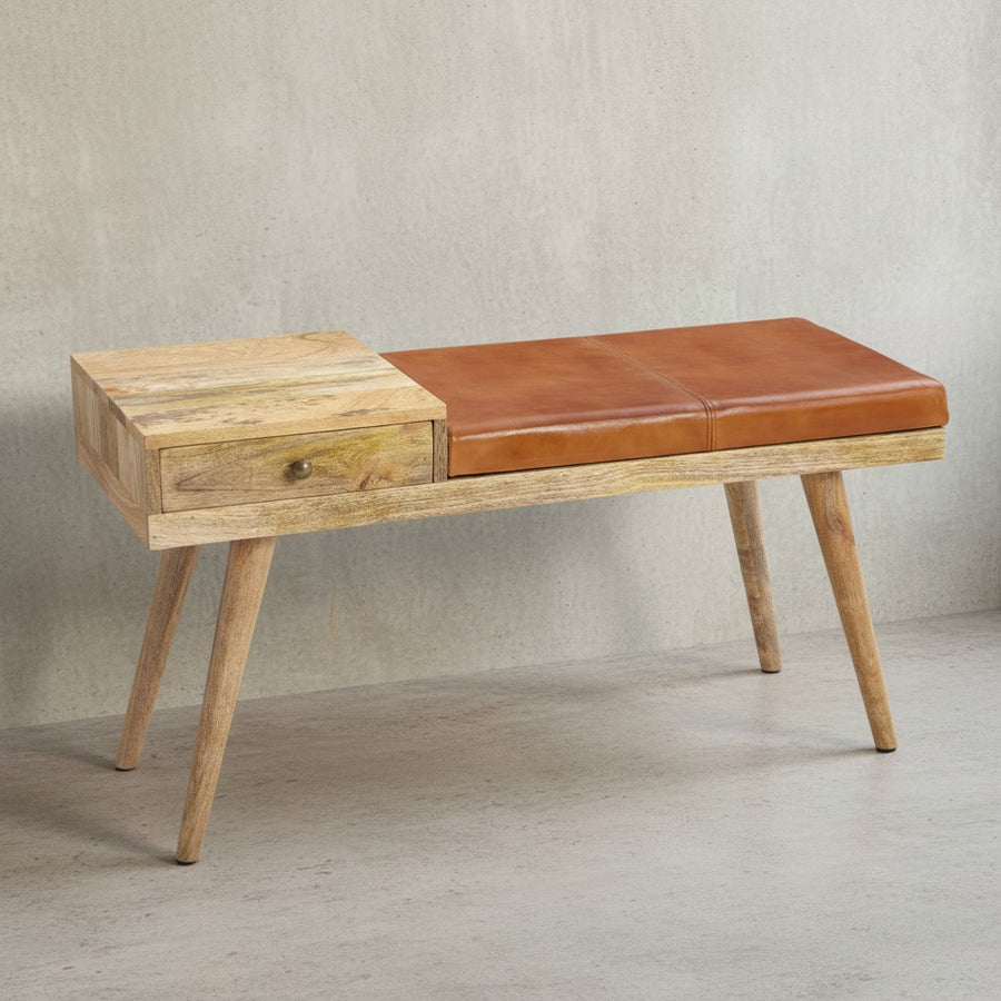 Retro-Stil Sitzbank_ Stauraum_ Ziegenleder-Bezug_ 100x52x38 cm_ Schublade_ Anti-Rutsch-Noppen - KADIMA DESIGN_Farbe_ Braun_ Material_ Leder_ Größe_ 100x38x52 cm_