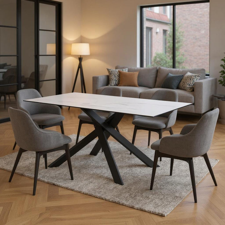 Moderner Esstisch mit Keramikplatte weiß marmoriert und Metallgestell - Metall X-Fuß für Wohnzimmer Essbereich_