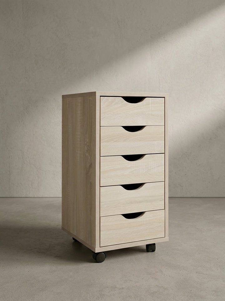 Frontale Ansicht des 64 cm hohen Rollcontainers aus MDF in Eiche-Nachbildung mit fünf leichtgängigen Schubladen vor neutralem Hintergrund._