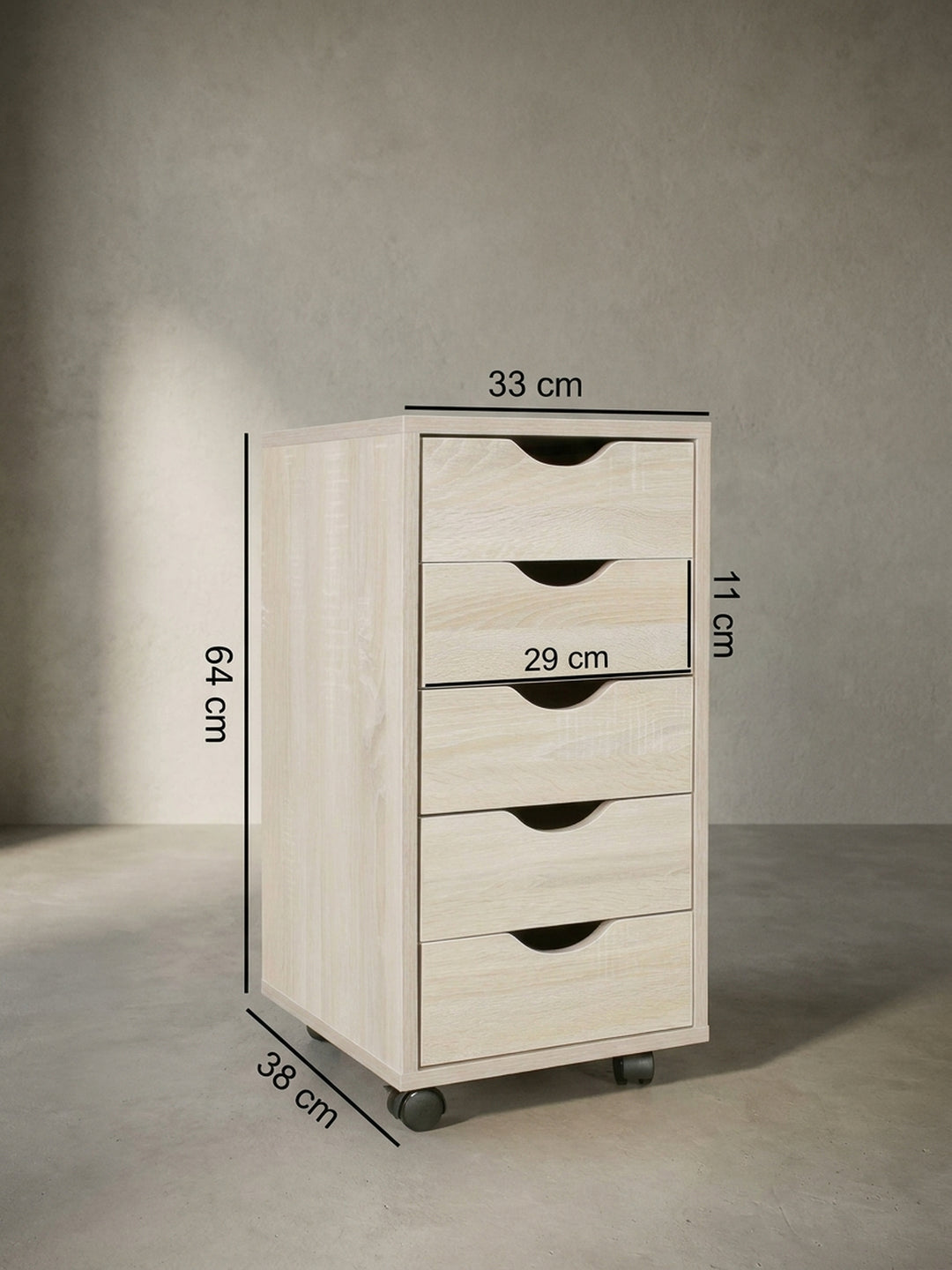 Technische Zeichnung des Büro-Rollcontainers in Eiche-Nachbildung mit exakten Maßangaben von 33x64x38 cm für die Raumplanung im Arbeitsbereich._