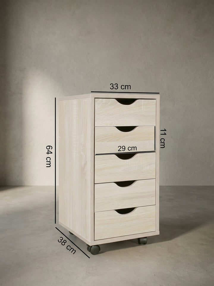 Technische Zeichnung des Büro-Rollcontainers in Eiche-Nachbildung mit exakten Maßangaben von 33x64x38 cm für die Raumplanung im Arbeitsbereich._
