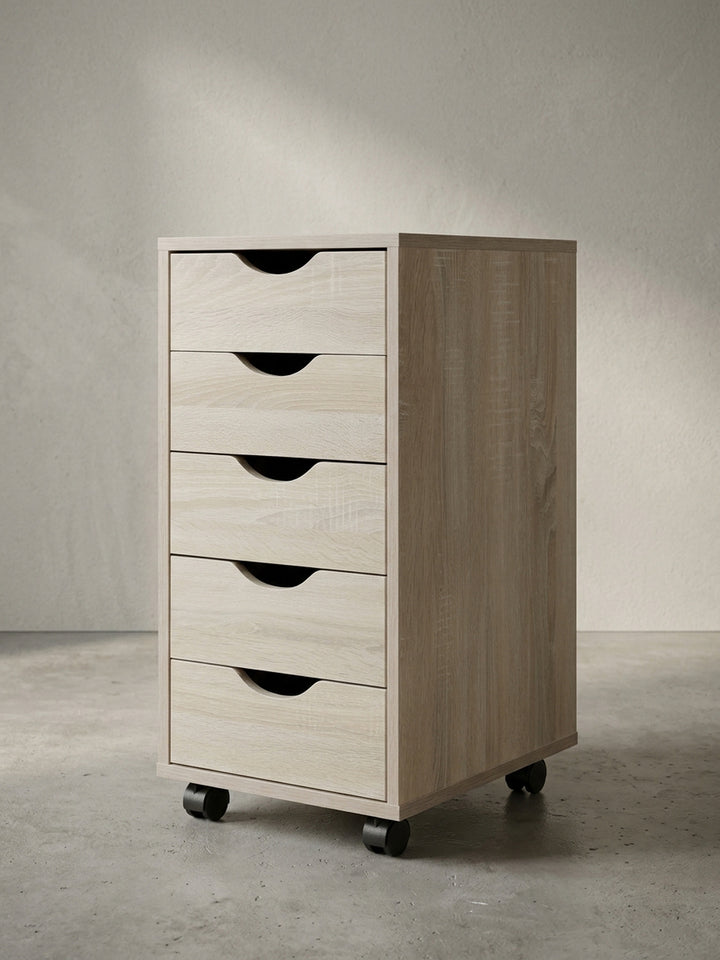 Profilansicht des 38 cm tiefen Schubladenschranks auf Lenkrollen demonstriert die klare Formgebung und saubere Kantenverarbeitung des Holzdekors._