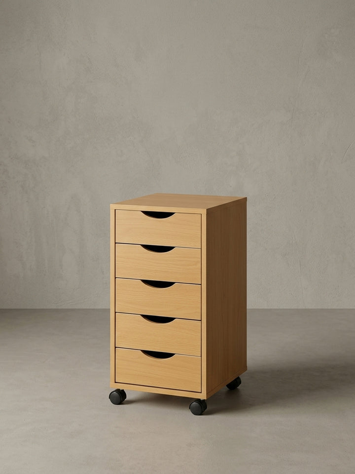 Gesamtübersicht des 33x64x38cm großen Beistellcontainers. Ein funktionales Ordnungssystem für das Büro, das durch klassische Buchenholz-Optik und Mobilität überzeugt._
