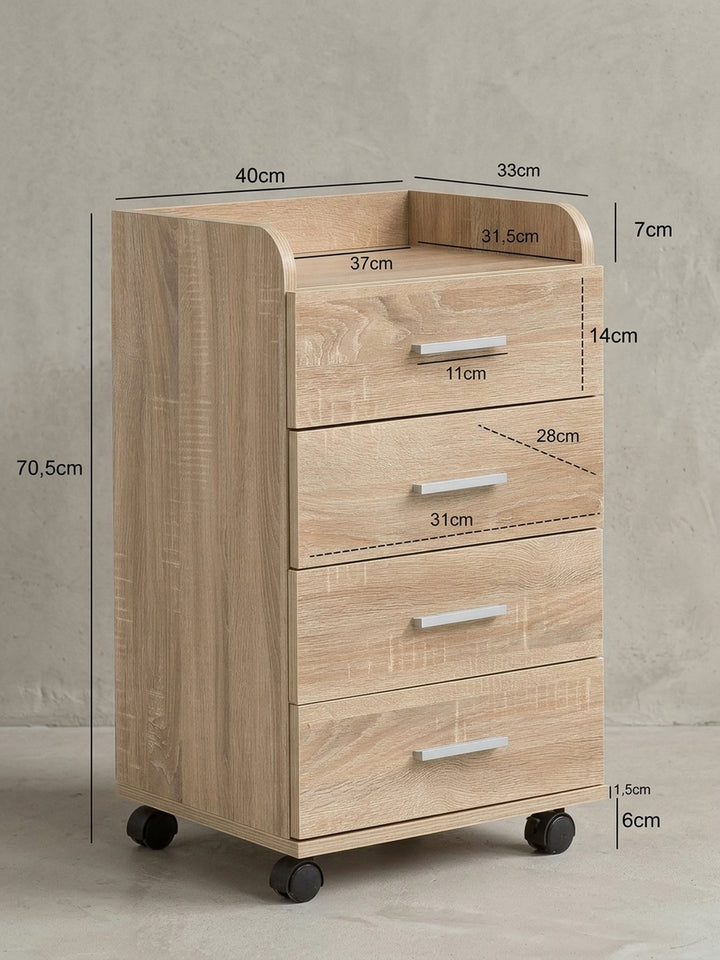 Rückwärtige Detailansicht des Holz-Rollcontainers, die präzise Verarbeitung der 1,5cm starken Spanplatten und die stabile Konstruktion des modernen Beistellschranks hervorhebt._