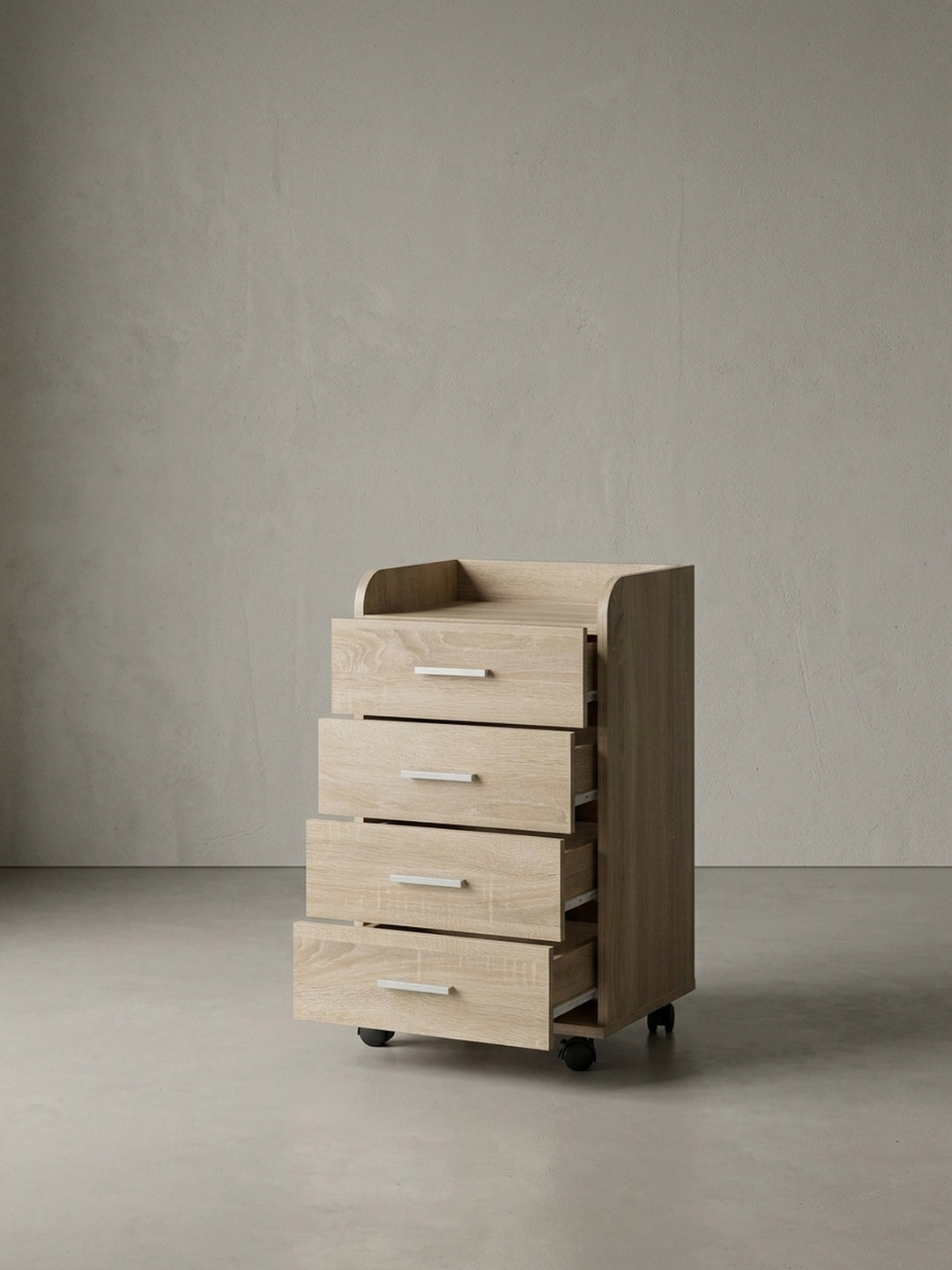 Alternative Perspektive auf den funktionalen Bürocontainer, fokussiert auf die obere Ablagefläche mit erhöhter Umrandung. Idealer Rollschrank für sicheren Halt von Büromaterial._