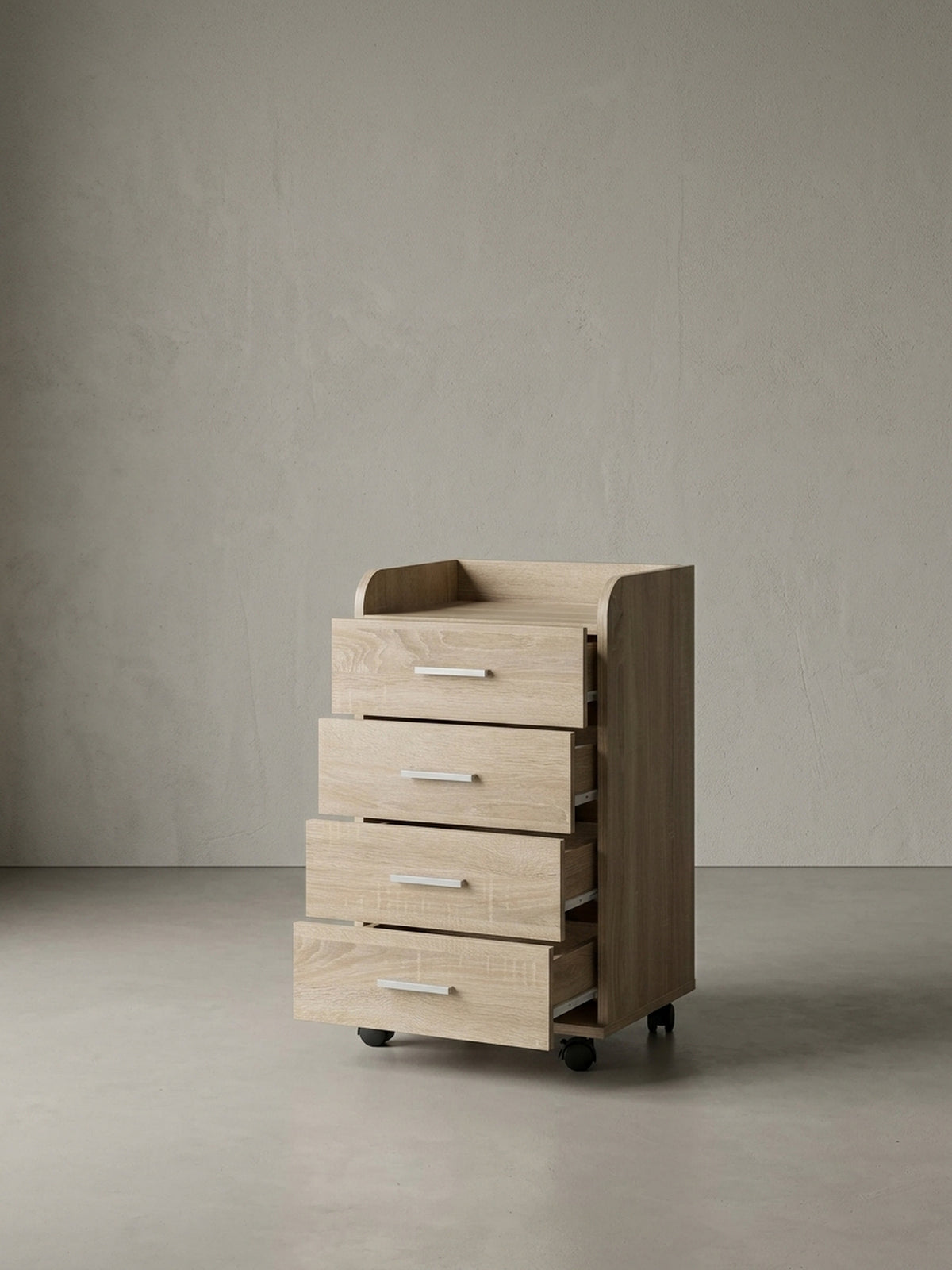 Alternative Perspektive auf den funktionalen Bürocontainer, fokussiert auf die obere Ablagefläche mit erhöhter Umrandung. Idealer Rollschrank für sicheren Halt von Büromaterial._