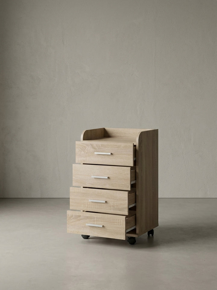 Alternative Perspektive auf den funktionalen Bürocontainer, fokussiert auf die obere Ablagefläche mit erhöhter Umrandung. Idealer Rollschrank für sicheren Halt von Büromaterial._