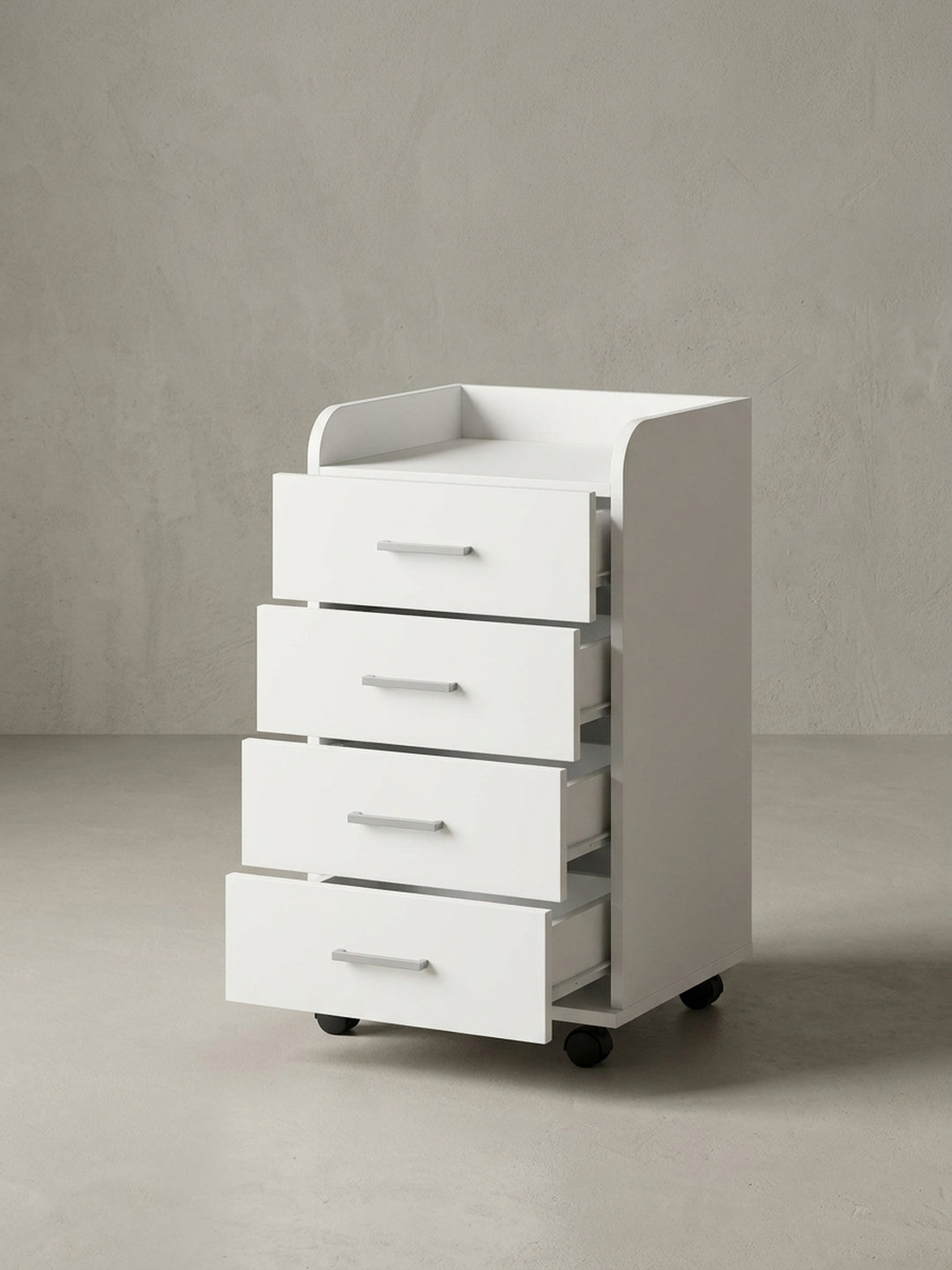 Alternative Perspektive des Büro-Rollschranks, die den fließenden Übergang der Schubladenfronten und die erhöhte obere Ablagefläche des 40cm breiten Containers hervorhebt._