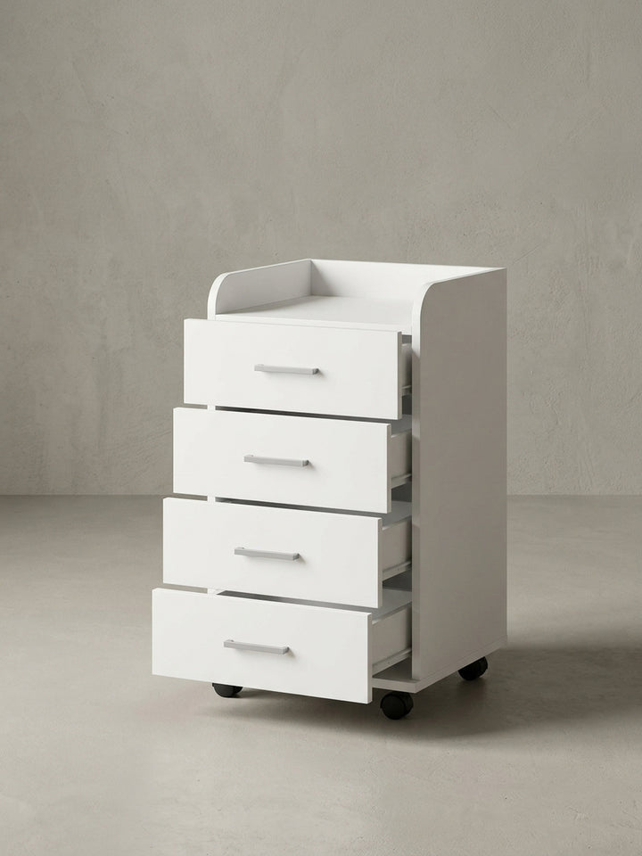 Alternative Perspektive des Büro-Rollschranks, die den fließenden Übergang der Schubladenfronten und die erhöhte obere Ablagefläche des 40cm breiten Containers hervorhebt._