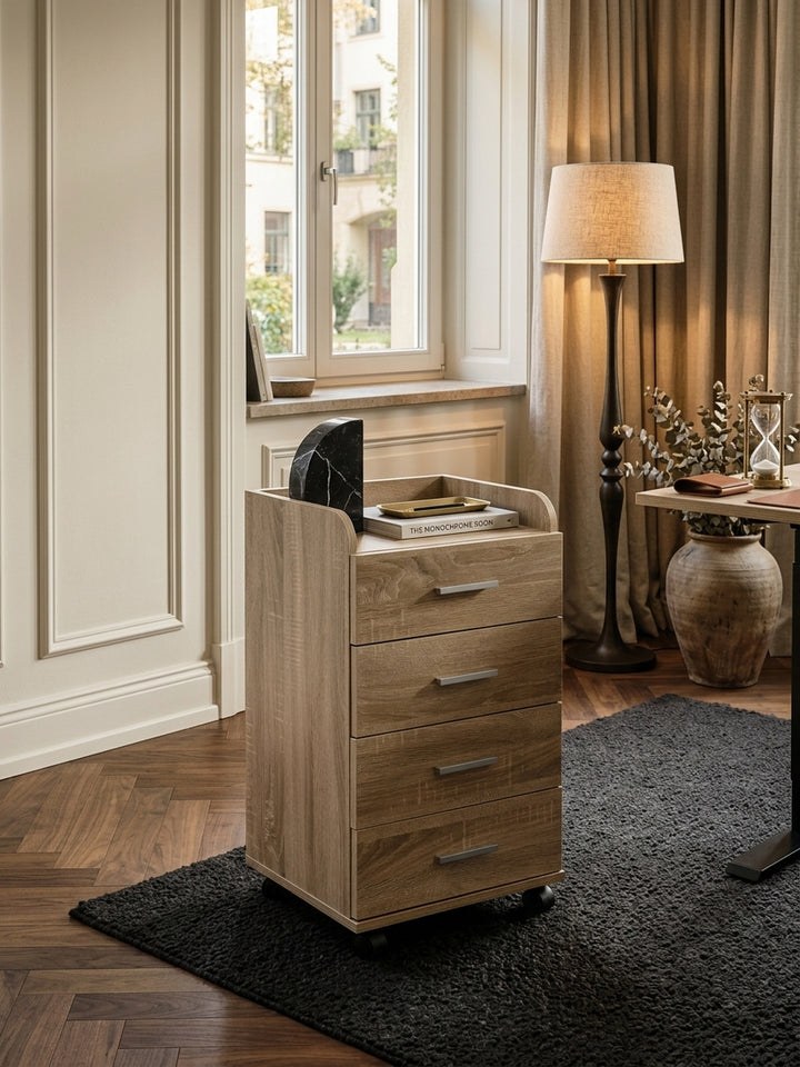 Aufsicht auf den hellen Bürocontainer mit vier Schubladen im modernen Arbeitszimmer. Der Rollschrank aus Holzwerkstoff fügt sich perfekt in die exklusive Raumgestaltung ein._
