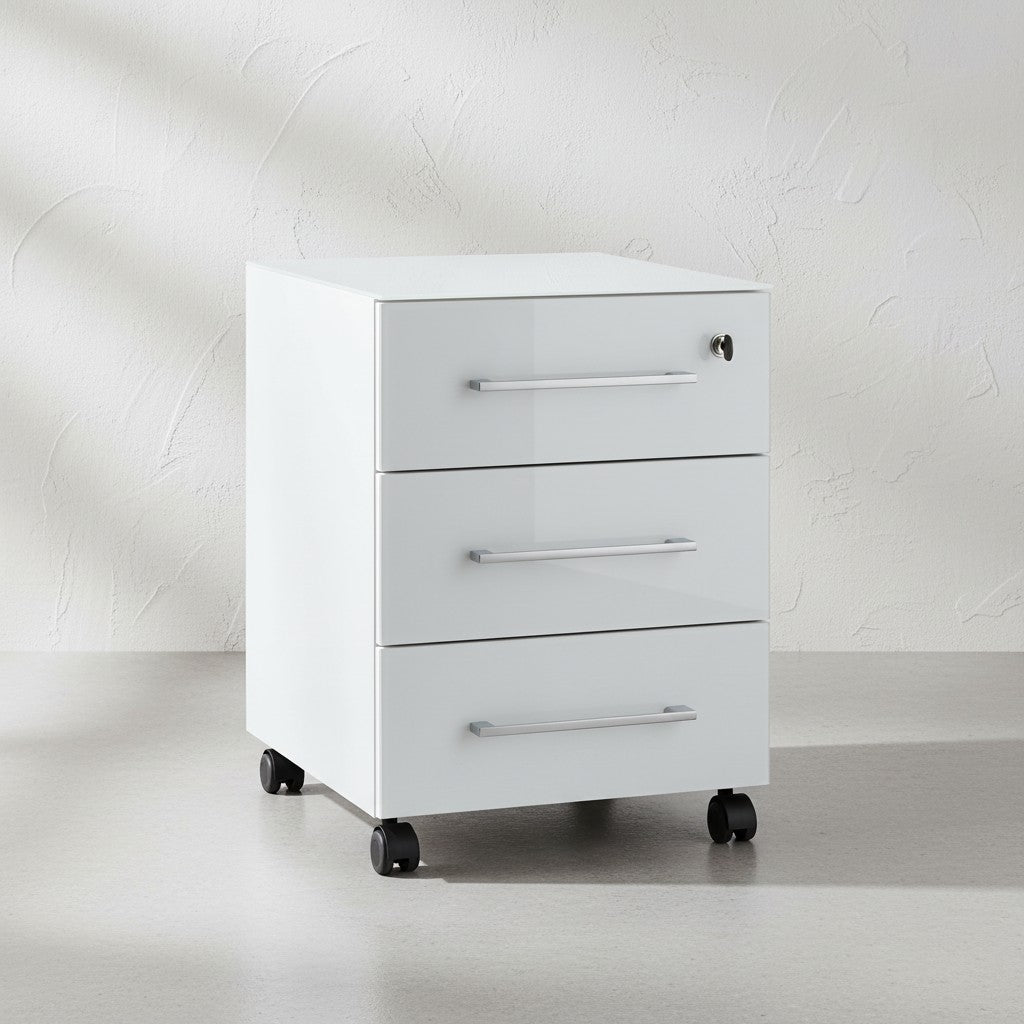 Rollcontainer Glasfront 3 Schubladen Soft-Close Abschließbar_