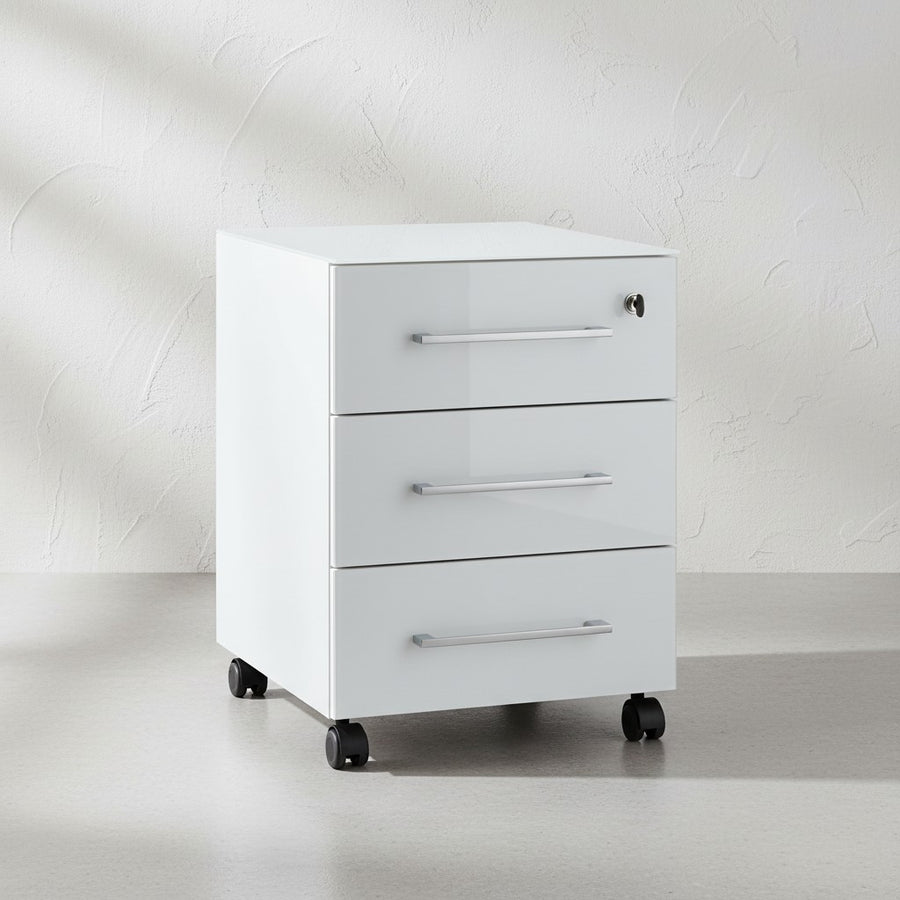Rollcontainer Glasfront 3 Schubladen Soft-Close Abschließbar_