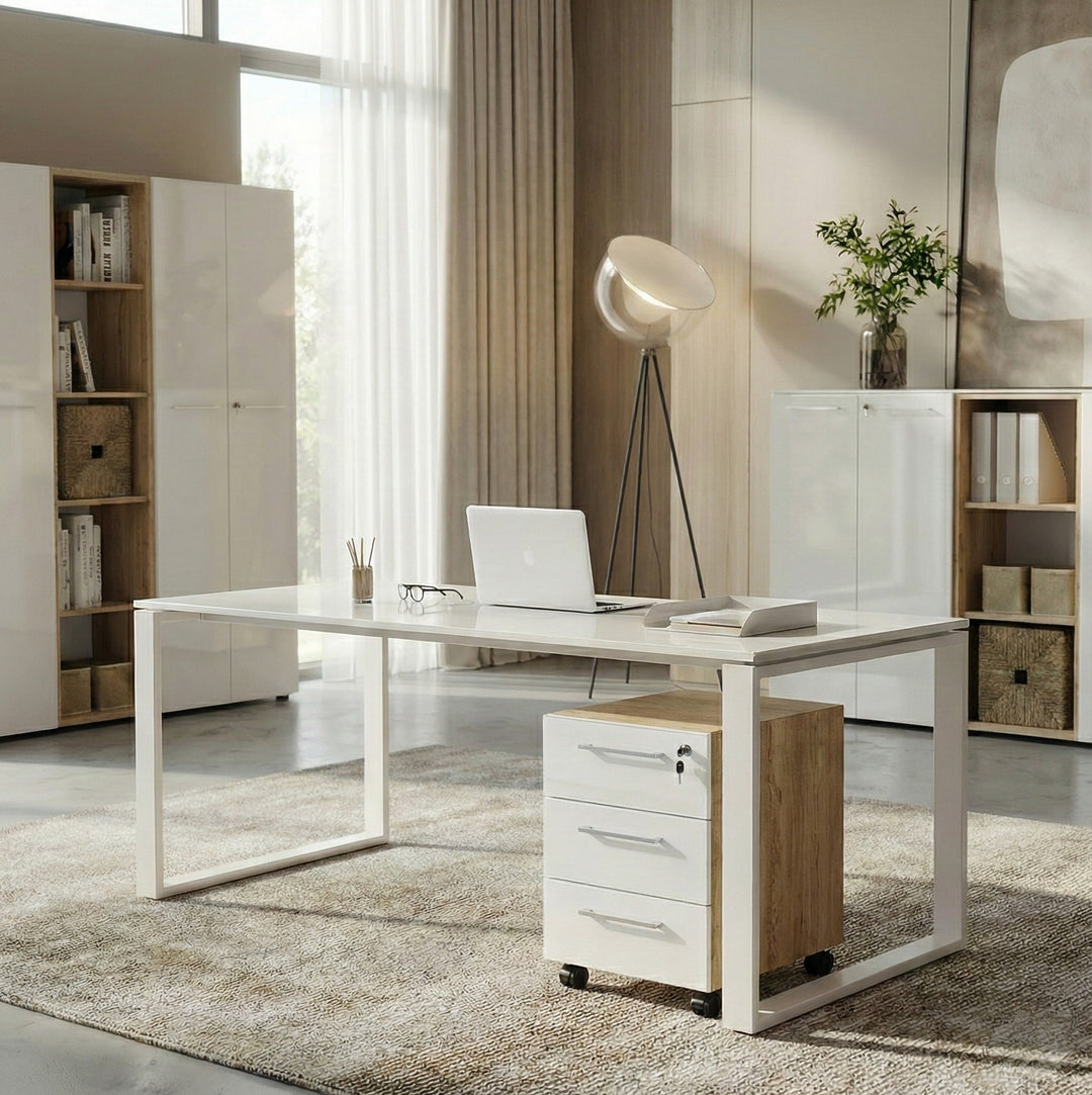 Rollcontainer 40x50x55 cm | 3 Schubladen Soft-Close &amp; Abschließbar | Glasfront ESG Chalet-Eiche-Nb./Weiß | Büro Homeoffice Made in Germany_