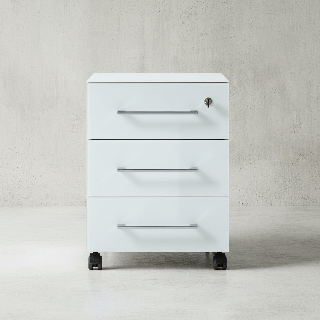 Rollcontainer 40x50x55 cm | 3 Schubladen Soft-Close & Abschließbar | Glasfront ESG Weiß | Made in Germany | Serie "Munchen" Kadima Design_