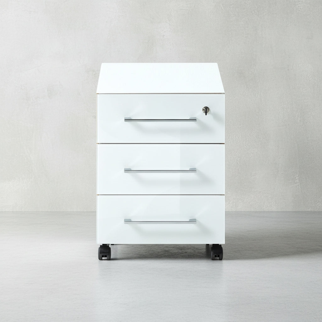 Rollcontainer 40x50x55 cm | 3 Schubladen Soft-Close & Abschließbar | Glasfront ESG Chalet-Eiche-Nb./Weiß | Büro Homeoffice Made in Germany