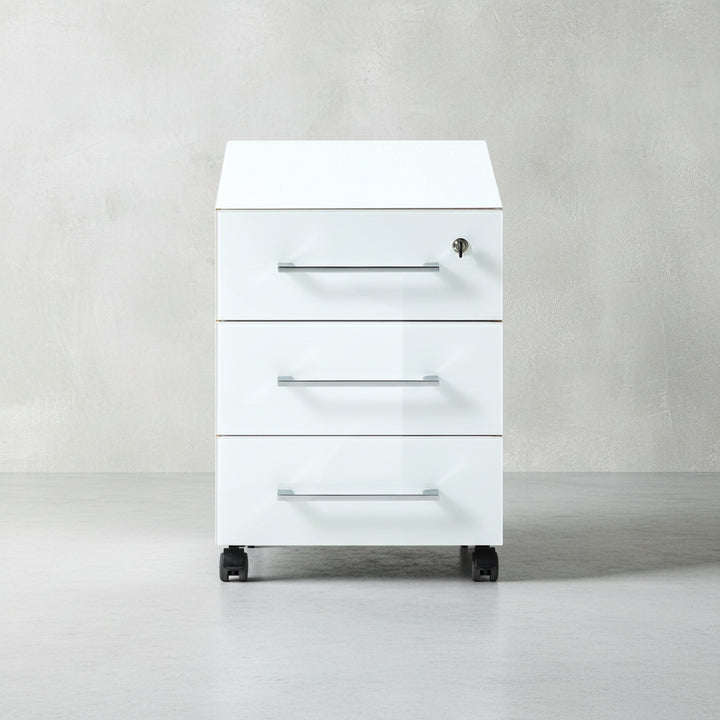 Rollcontainer 40x50x55 cm | 3 Schubladen Soft-Close &amp;amp; Abschließbar | Glasfront ESG Chalet-Eiche-Nb./Weiß | Büro Homeoffice Made in Germany_