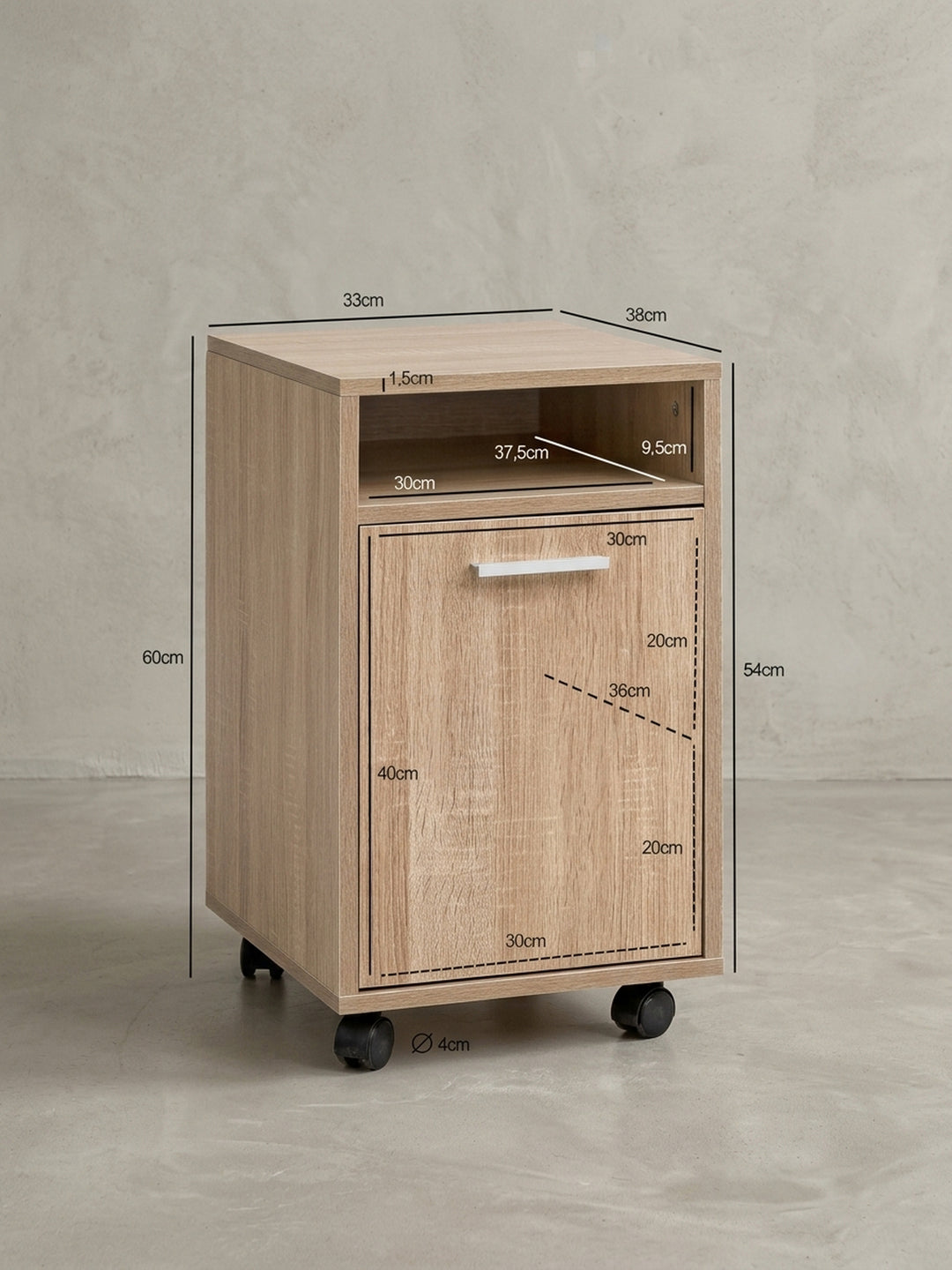 Rückwärtige Detailansicht des Rollschranks. Die saubere Verarbeitung der Kanten und die stabile Konstruktion des 60cm hohen Bürocontainers sorgen für Langlebigkeit am Arbeitsplatz._
