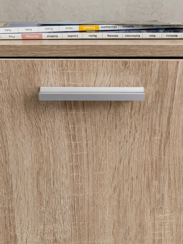 Büro Rollcontainer in heller Eiche Optik mit allen Maßen. Der Beistellschrank ist 60 cm hoch, 33 cm breit und 38 cm tief – ideal für das Arbeitszimmer._