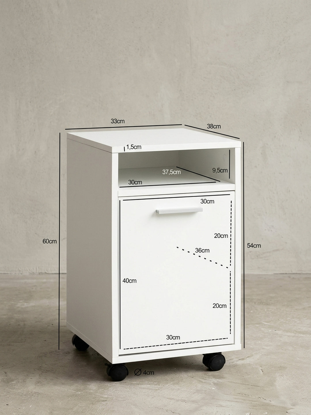 Detailansicht der Rückseite und Kantenverarbeitung des modernen weißen Beistellcontainers aus stabiler Spanplatte. Der Schrank bietet geschlossenen Stauraum für das heimische Büro._