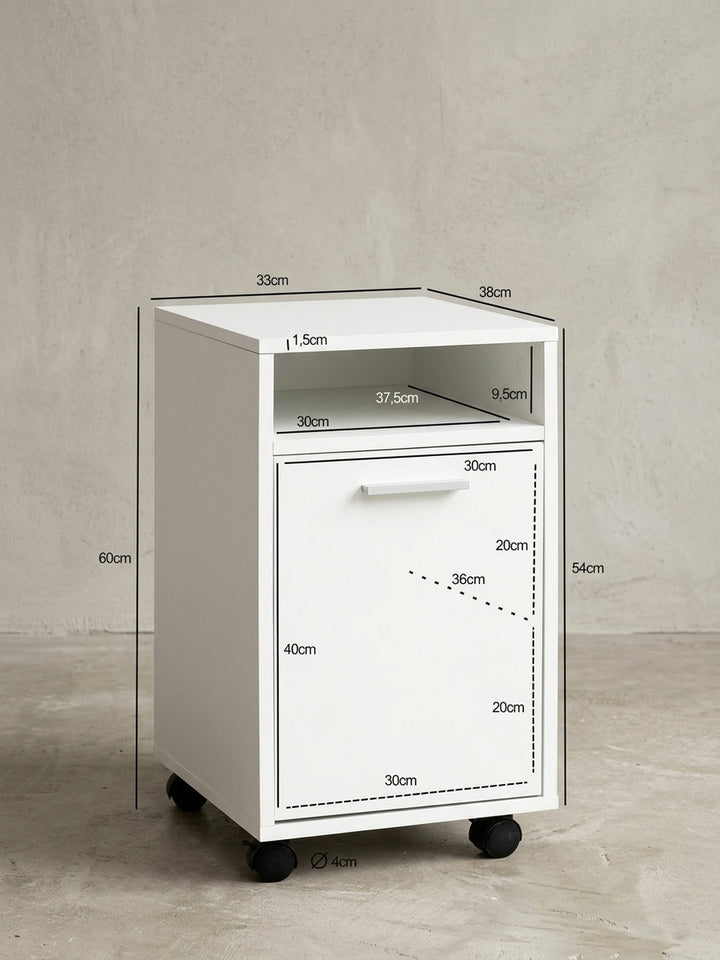 Detailansicht der Rückseite und Kantenverarbeitung des modernen weißen Beistellcontainers aus stabiler Spanplatte. Der Schrank bietet geschlossenen Stauraum für das heimische Büro._