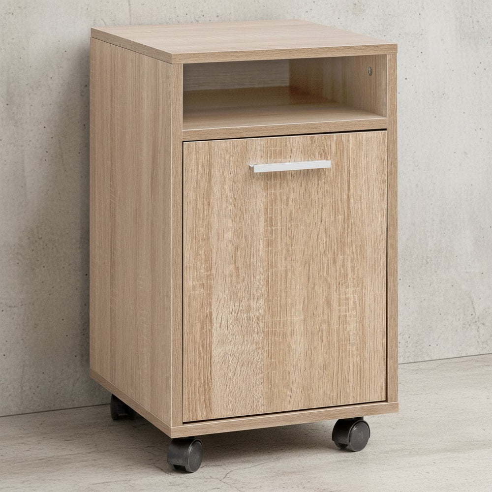 Rollcontainer OSSOLA_ Weiß/Sonoma_ 2 Türfächer_ Ablagefach_ Rollen mit Bremsen_ Melaminharz-Beschichtung_ einfacher Aufbau - KADIMA DESIGN_Farbe_ Beige_ Größe_ 33x38x60 cm_
