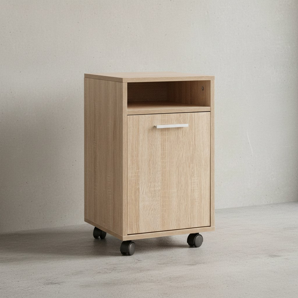 Rollcontainer OSSOLA_ Weiß/Sonoma_ 2 Türfächer_ Ablagefach_ Rollen mit Bremsen_ Melaminharz-Beschichtung_ einfacher Aufbau - KADIMA DESIGN_Farbe_ Beige_ Größe_ 33x38x60 cm_
