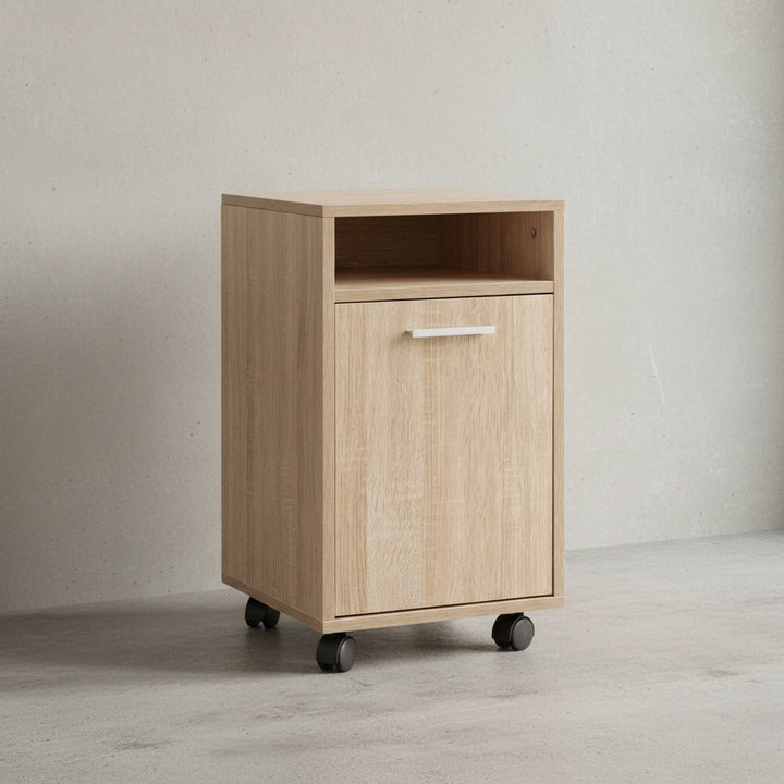 Rollcontainer OSSOLA_ Weiß/Sonoma_ 2 Türfächer_ Ablagefach_ Rollen mit Bremsen_ Melaminharz-Beschichtung_ einfacher Aufbau - KADIMA DESIGN_Farbe_ Beige_ Größe_ 33x38x60 cm_
