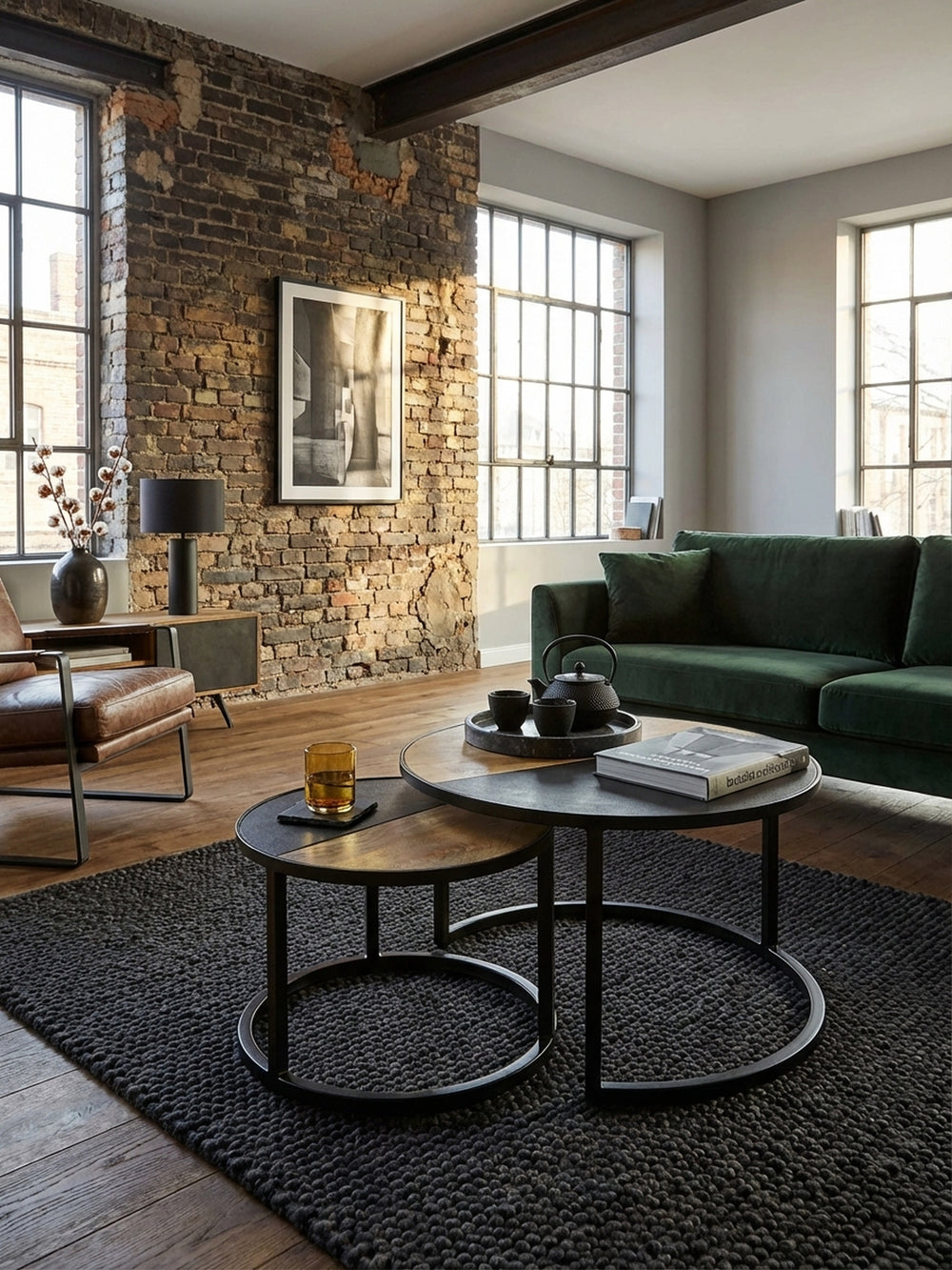 Modernes Wohnzimmer mit einem Satztisch aus Mango Massivholz und schwarzer Stein-Optik auf einem dunklen Teppich vor einem Sofa._