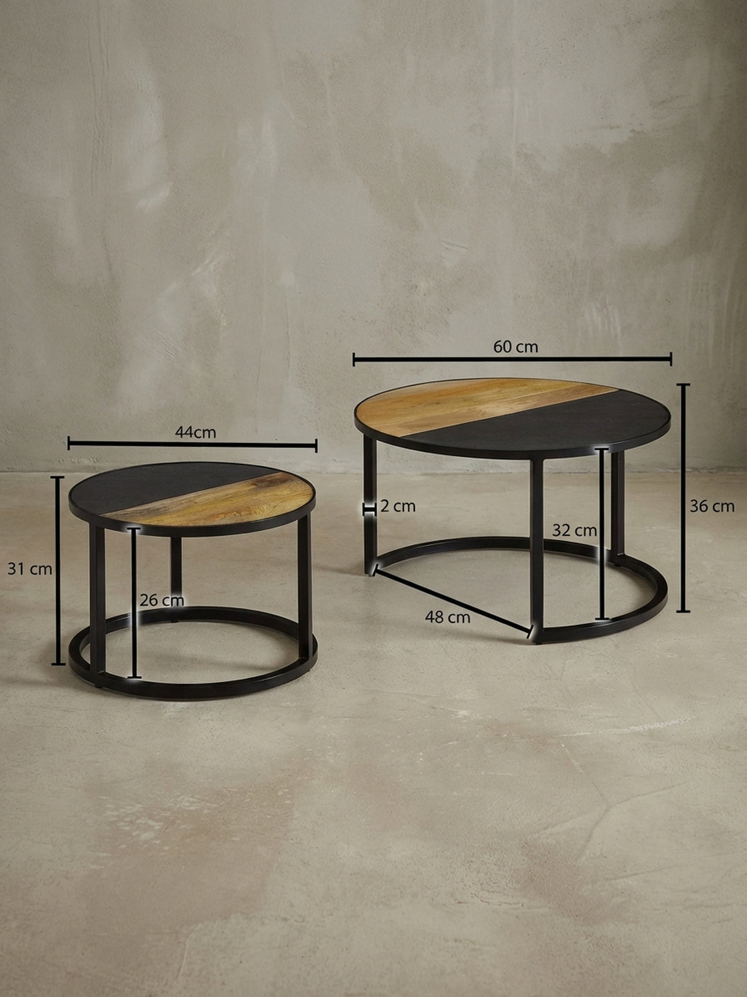 Technische Zeichnung des Couchtisch-Sets mit genauen Maßen: großer Tisch 60x36 cm, kleiner Tisch 44x31 cm für die Raumplanung._