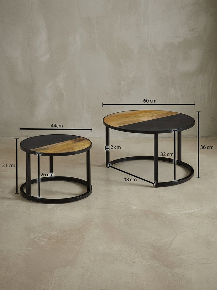 Technische Zeichnung des Couchtisch-Sets mit genauen Maßen: großer Tisch 60x36 cm, kleiner Tisch 44x31 cm für die Raumplanung._