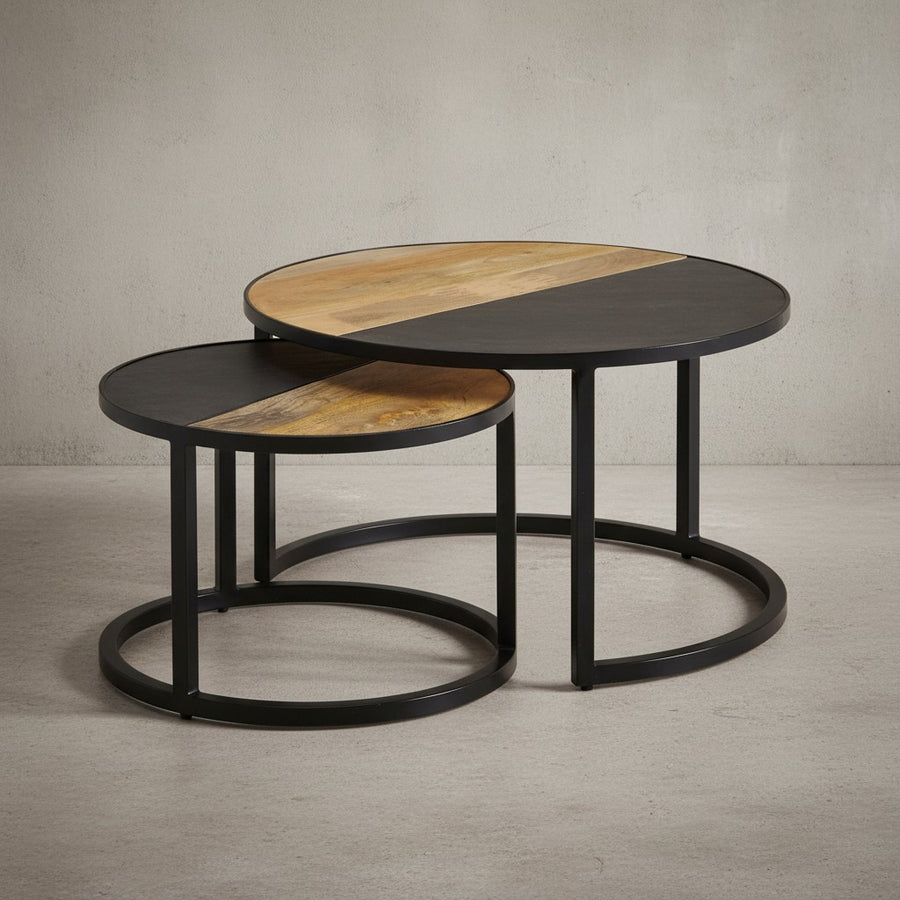Runde Couchtische_ 2er Set_ Mango Massivholz/Steinoptik_ Modernes Design - KADIMA DESIGN_Größe_ 60x60x36 cm_