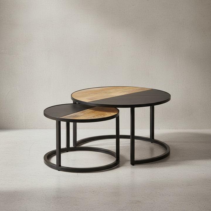 Runde Couchtische_ 2er Set_ Mango Massivholz/Steinoptik_ Modernes Design - KADIMA DESIGN_Größe_ 60x60x36 cm_