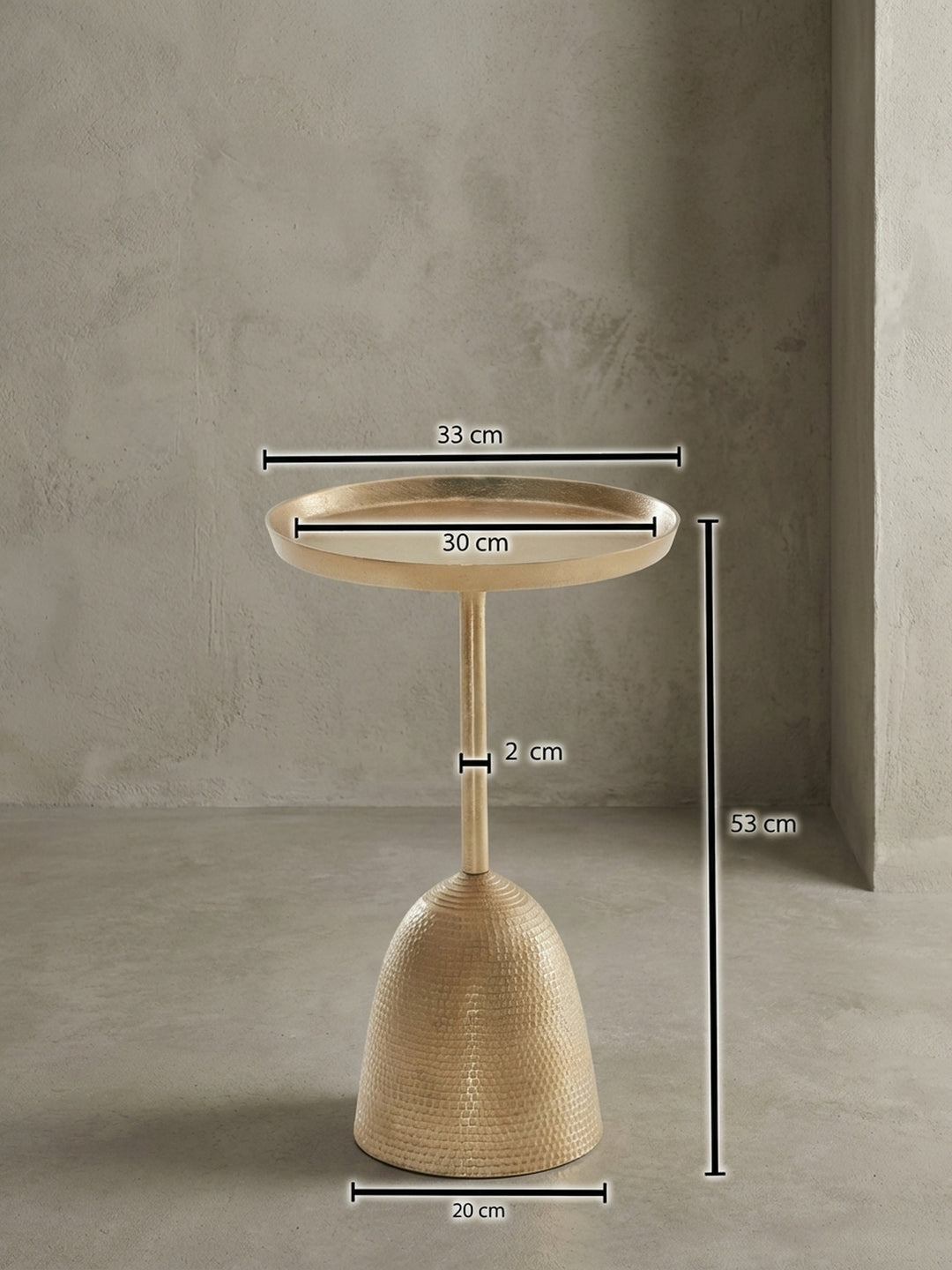 Technisches Maßbild des Beistelltisches mit exakten Abmessungen: Höhe 53 cm, Durchmesser der Tischplatte 33 cm und Standfuß 20 cm für die perfekte Raumplanung._