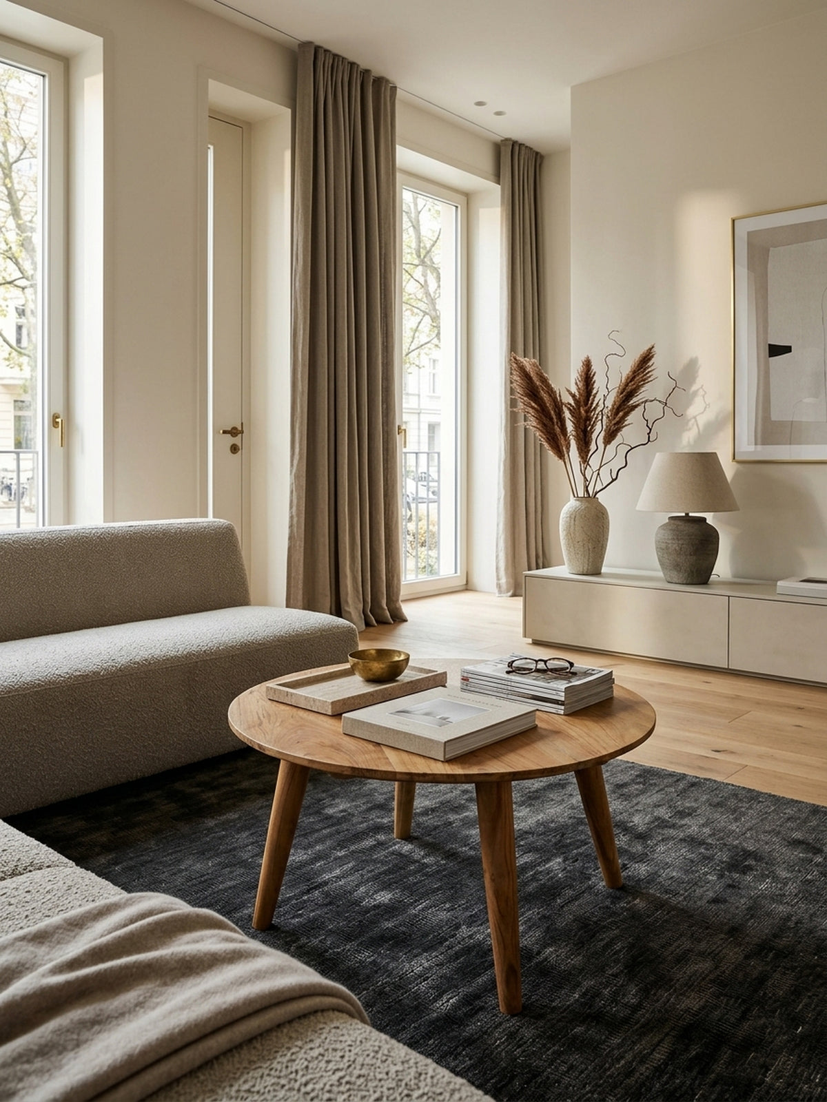 Couchtisch aus honigfarbenem Akazie-Massivholz in modernem Wohnzimmer mit Teppich und stimmungsvoller Beleuchtung 75x75x40 cm_