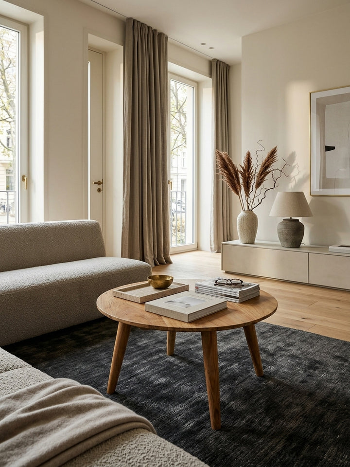 Couchtisch aus honigfarbenem Akazie-Massivholz in modernem Wohnzimmer mit Teppich und stimmungsvoller Beleuchtung 75x75x40 cm_