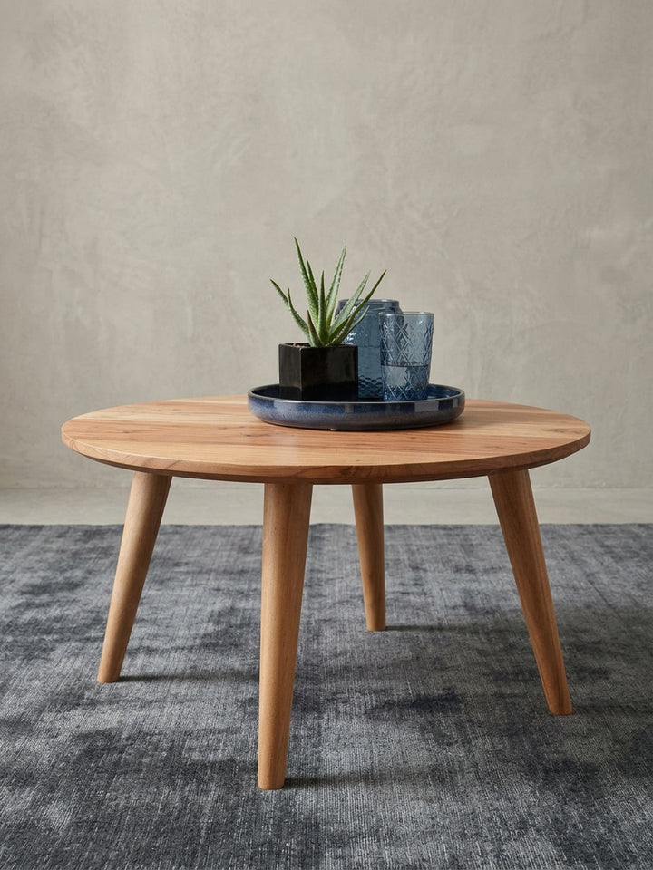 Freisteller Couchtisch Akazie massiv braun 75x75x40 cm freigestellt auf grauem Hintergrund zeigt vollständige Silhouette_