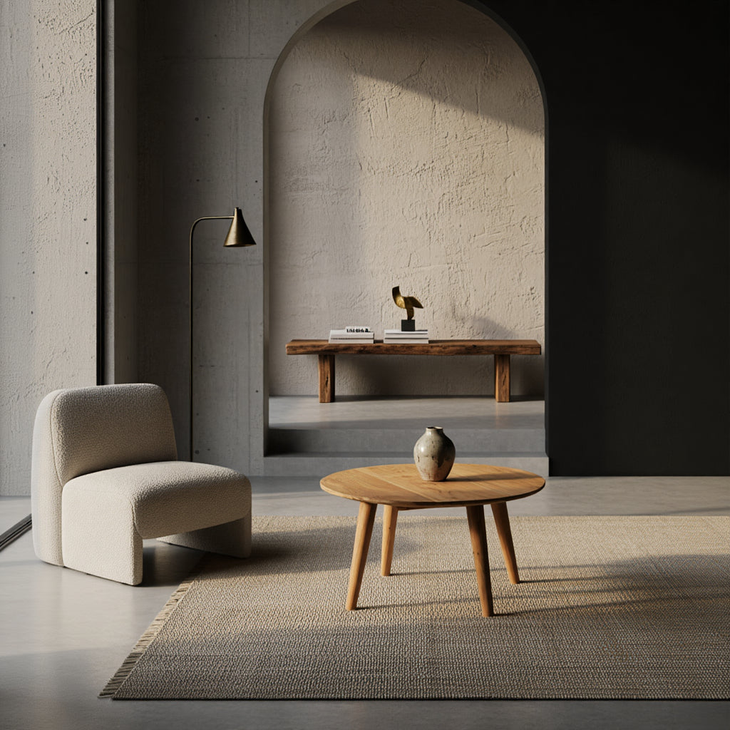 Runder Holztisch im modernen Wohnzimmer mit Lounge-Sessel und Teppich – minimalistisches Design von Kadima Design