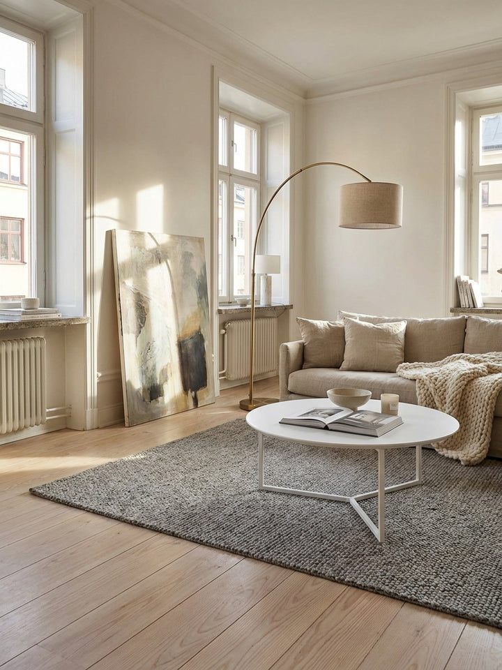 Runder weißer Couchtisch aus matter MDF-Platte mit Metallgestell im skandinavischen Wohnzimmer vor einem beigefarbenen Leinensofa auf hellem Eschenholz._