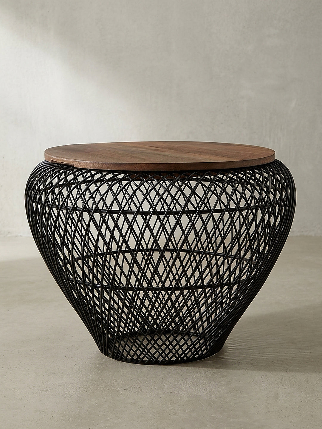 Couchtisch Rund mit Stauraum, Holz-Metallgestell, Mango-Massivholz