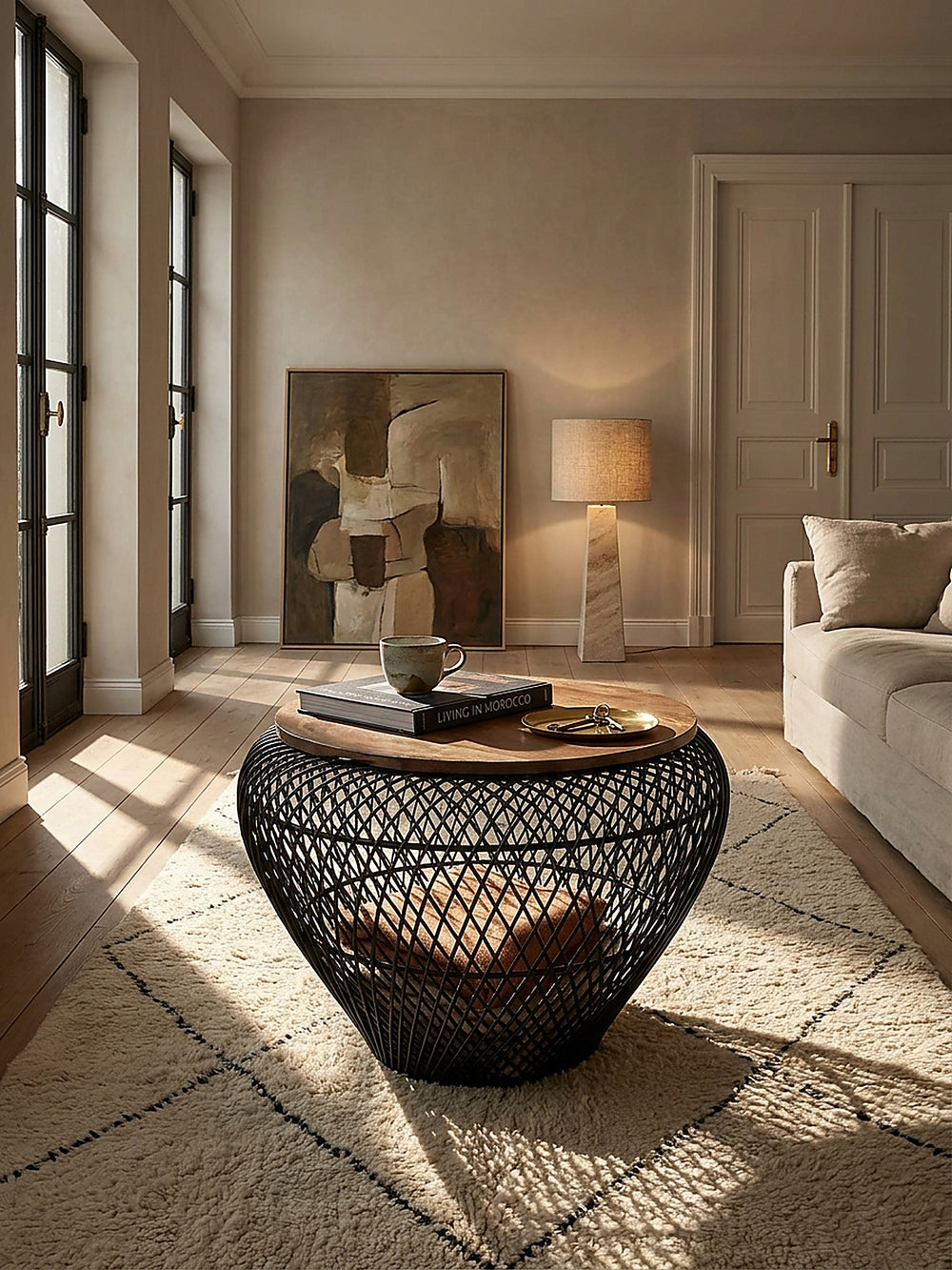 Runder Couchtisch aus Mango Massivholz und schwarzem Metallkorb im modernen Wohnzimmer vor bodentiefen Fenstern auf hellem Wollteppich_