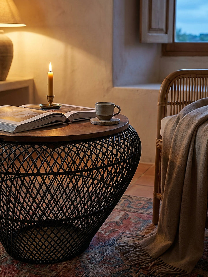 Gemütlicher Feierabend mit Teetasse und aufgeschlagenem Buch auf dem runden Massivholz-Couchtisch neben einer skulpturalen Travertin-Stehlampe_