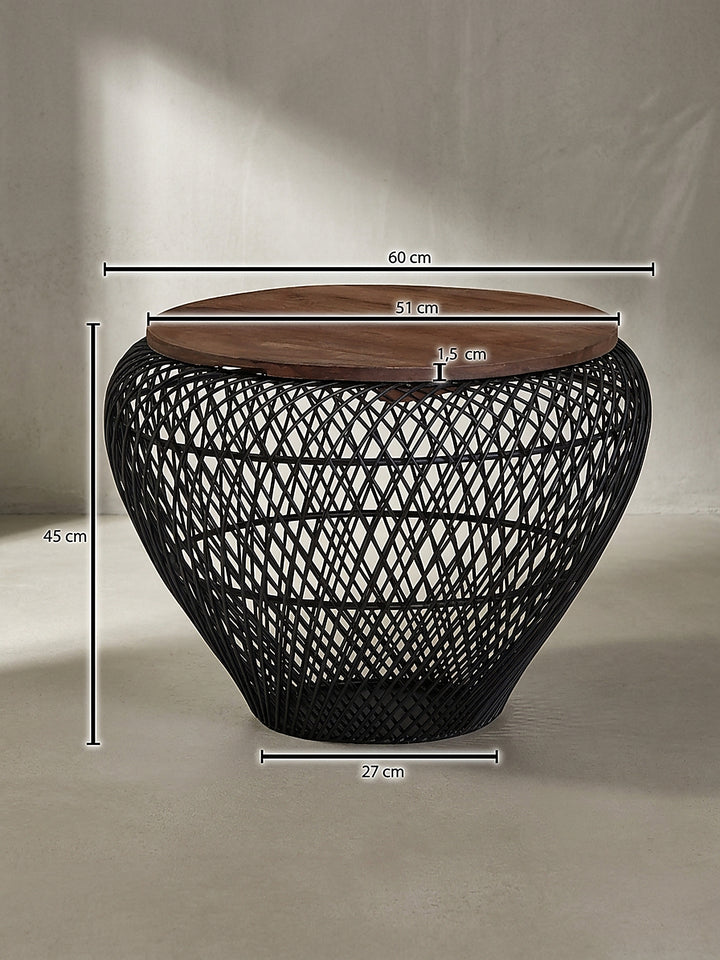 Technische Maßzeichnung des Couchtisches mit 60 cm Durchmesser und 45 cm Höhe sowie genauen Angaben zur Holzplatte und Korböffnung_
