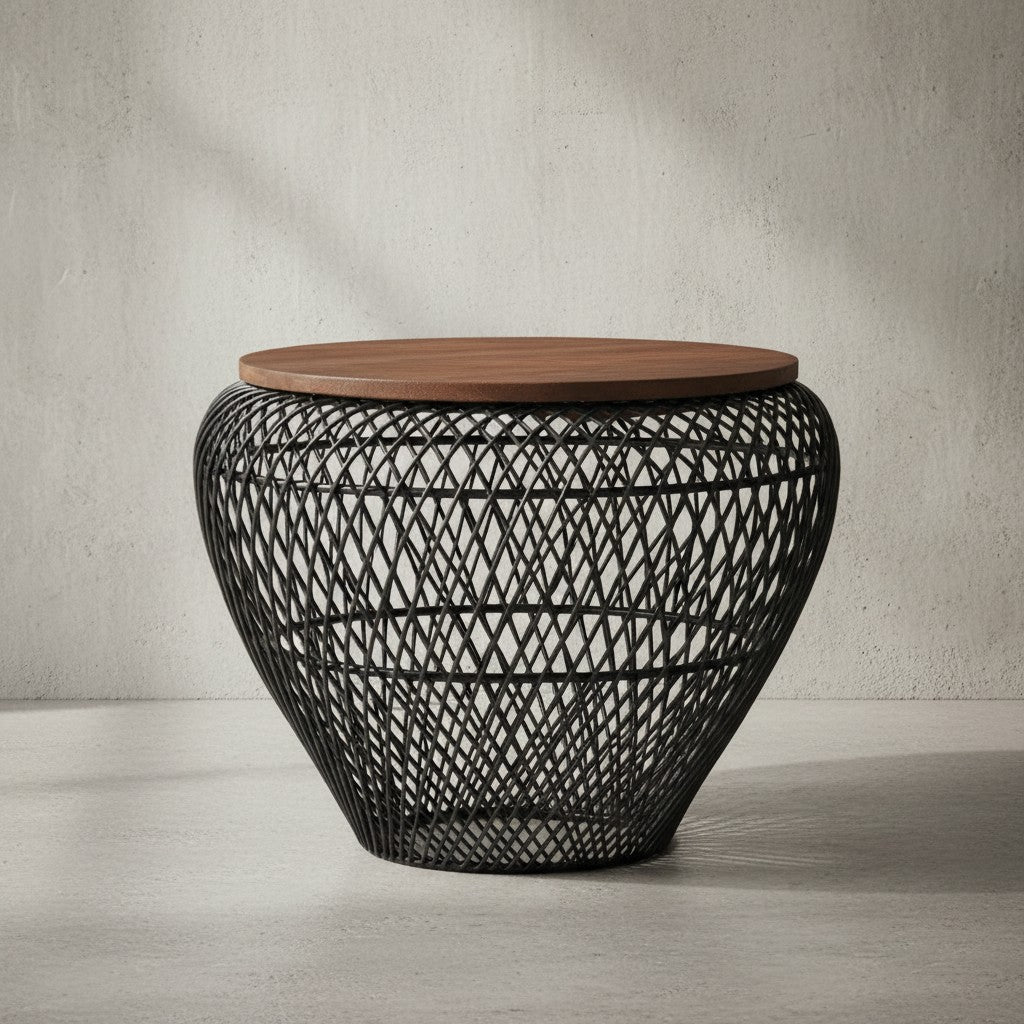 Runder Couchtisch mit Stauraum_ Holz- und Metallgestell_ innenliegender Stauraum_ recyceltes Mango-Massivholz_ 15 kg Belastbarkeit - KADIMA DESIGN_Farbe_ Schwarz_ Größe_ 60x60x45 cm_