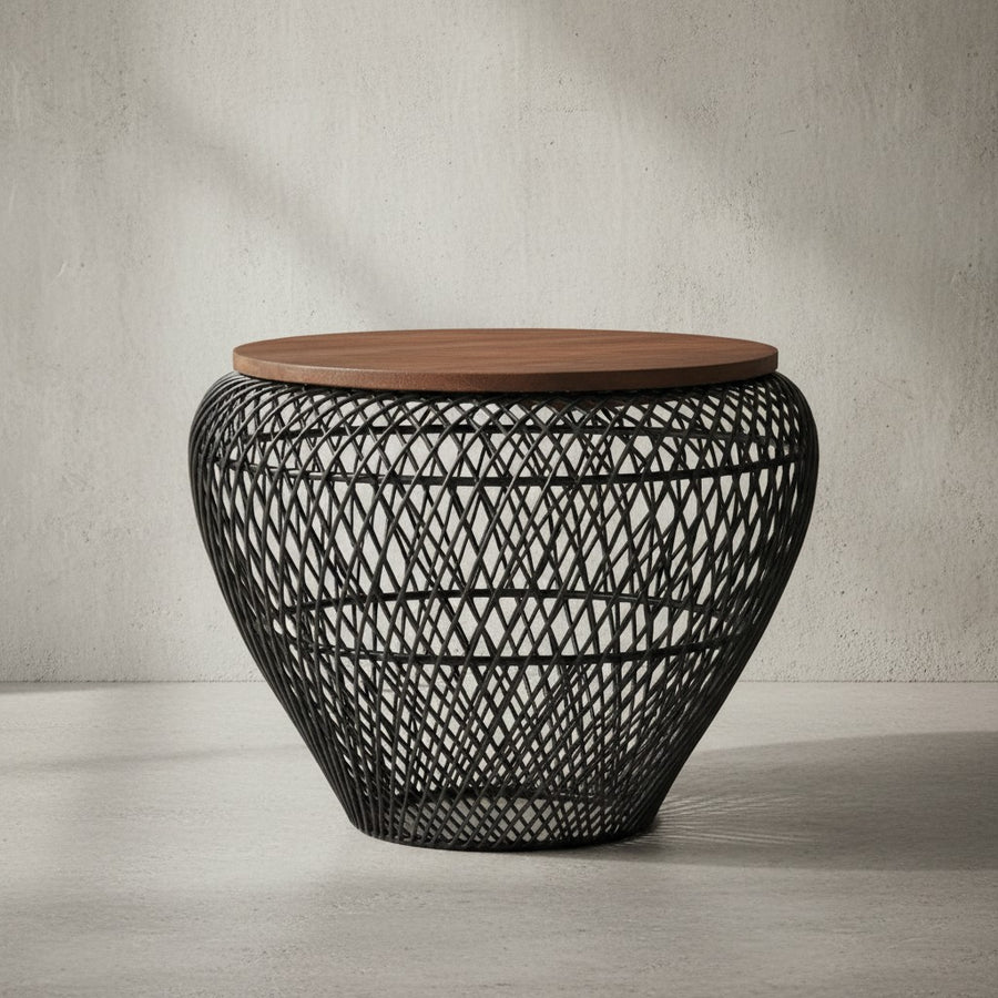 Runder Couchtisch mit Stauraum_ Holz- und Metallgestell_ innenliegender Stauraum_ recyceltes Mango-Massivholz_ 15 kg Belastbarkeit - KADIMA DESIGN_Farbe_ Schwarz_ Größe_ 60x60x45 cm_