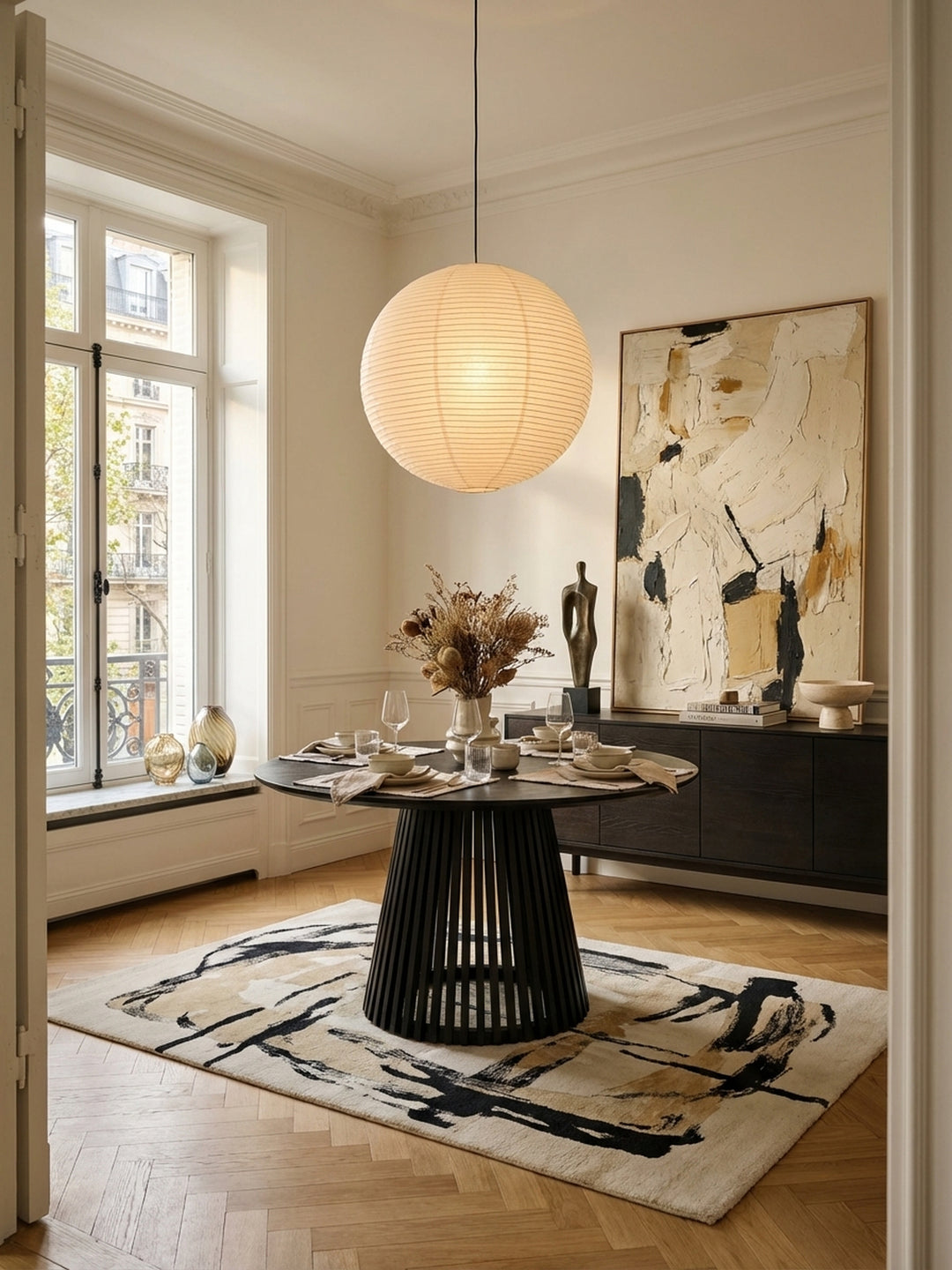 Eleganter runder Esstisch aus schwarzem Mangoholz im Mittelpunkt eines lichtdurchfluteten Esszimmers mit Fischgrätparkett und Stuckdecke._