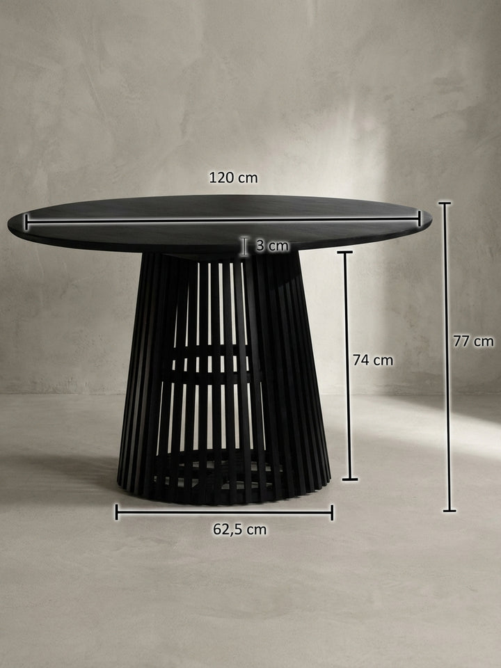 Technisches Maßbild des runden Esstischs mit exakten Abmessungen: 120 cm Breite, 77 cm Höhe und 62,5 cm Sockeldurchmesser._